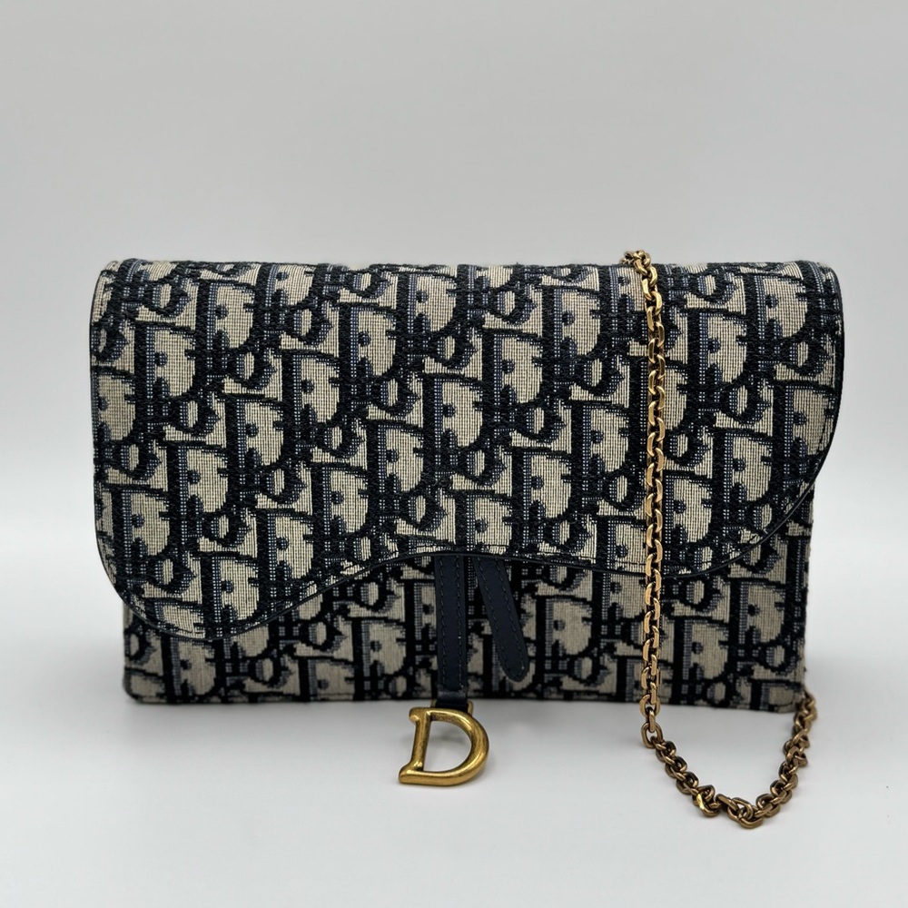 Dior Medium Saddle Pouch with Chain Blue Dior Oblique Jacquard